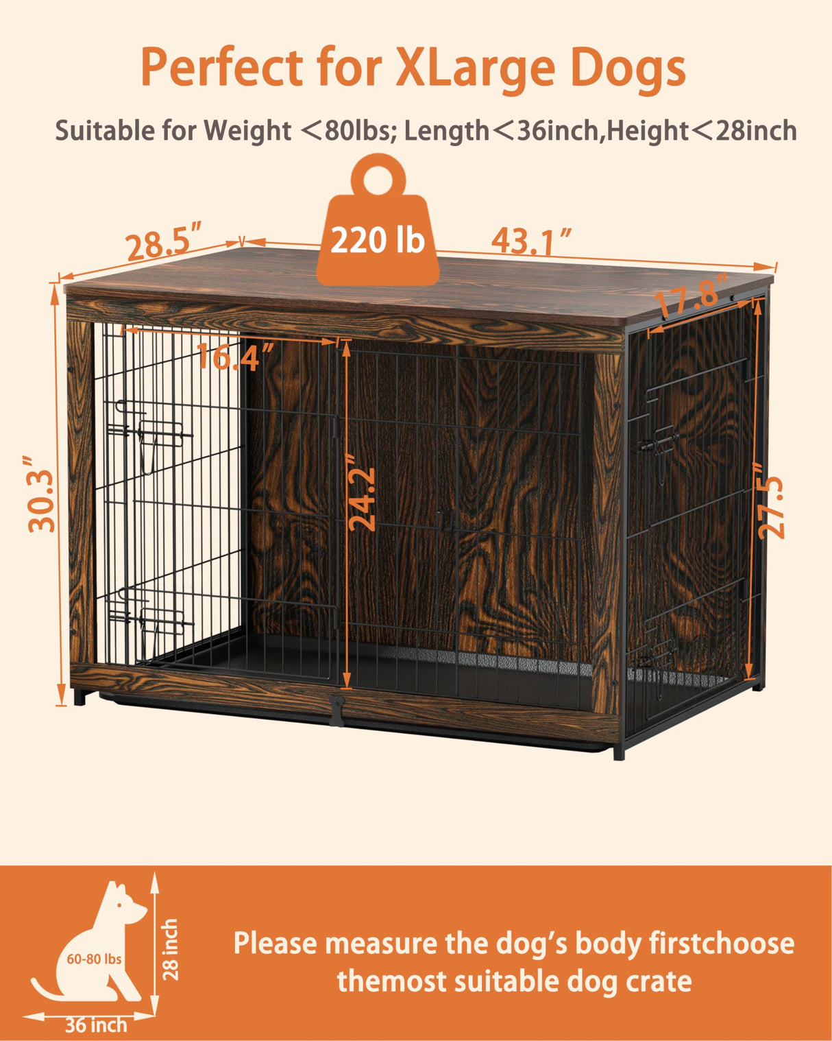Megidok Wooden Dog Crate Furniture with Cushion, Dog Crate End Table with Tray, Double Doors Dog Crate(XL:43.1" L *28.6" W*30.3" H, Rustic Style) Megidok