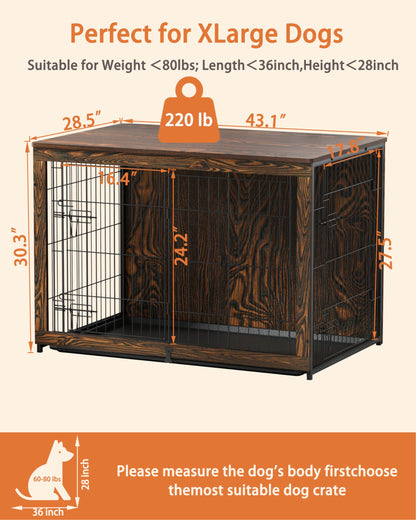 Megidok Wooden Dog Crate Furniture with Cushion, Dog Crate End Table with Tray, Double Doors Dog Crate(XL:43.1" L *28.6" W*30.3" H, Rustic Style)