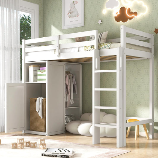 Merax Twin Loft Bed with Storage Cabinet, Shelves, and Open Wardrobe in White - WoodArtSupply