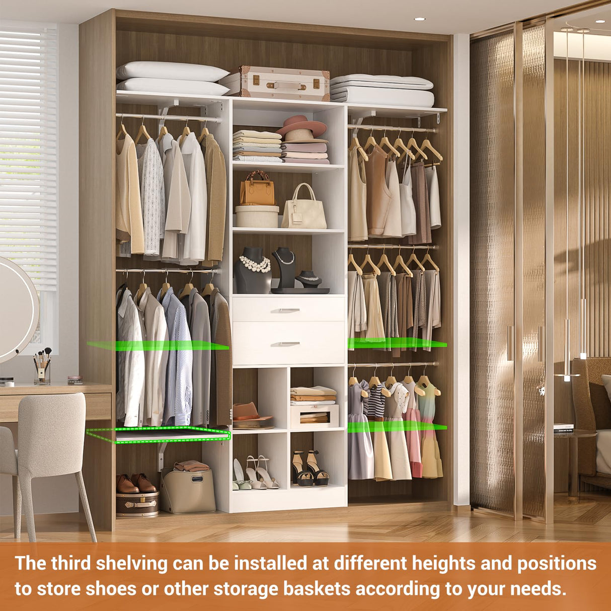 Small Closet System - 5FT Closet Organizer System with Wooden Drawers, 60 Inches Walk In Closet System With 5 Hanging Rods, Can Fit 1.58 to 6.8 FT with Reversible Hanging Shelving, White Besiost