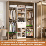 Small Closet System - 5FT Closet Organizer System with Wooden Drawers, 60 Inches Walk In Closet System With 5 Hanging Rods, Can Fit 1.58 to 6.8 FT with Reversible Hanging Shelving, White Besiost