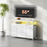 YeTom Tv Stand Dresser for Bedroom with Charging Station and LED Lights,9 Fabric Drawers White TV Stand with Open Shelf Storage,Media Console for TV ups to 55",Metal Frame,Wood Top,White YeTom