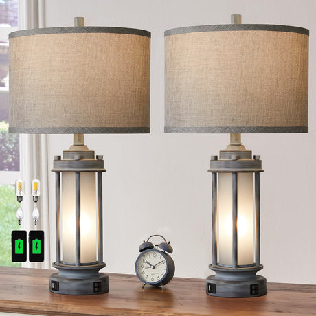 AIEAMPDO Set of 2 Rustic Table Lamps for Living Room, Farmhouse Vintage Nightstand Lamp with 2 USB Ports, Antique Retro Light Green Glass Night Light for Bedroom Entryway, 4 Bulbs Included… AIEAMPDO
