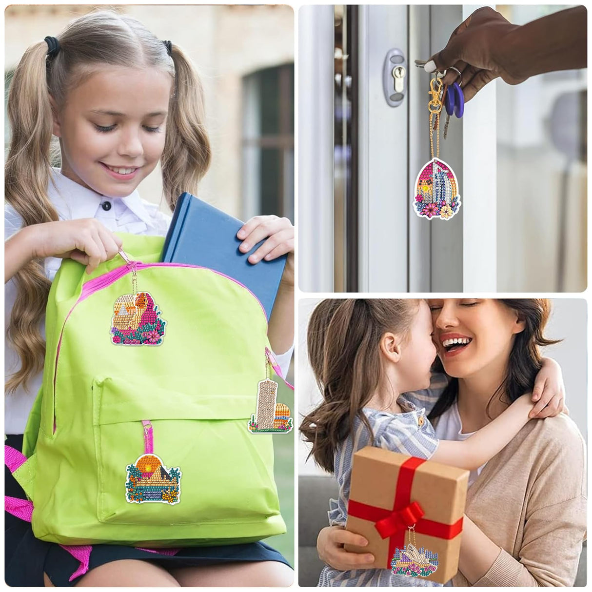 Ginfonr DIY Diamond Art Keychains Kit – 9PCS Diamond Painting Keychains for Bag with Famous Buildings, Cartoon Designs – Double-Sided Landscape Key Rings for Car, Party, Gift Decor, Garden Ginfonr