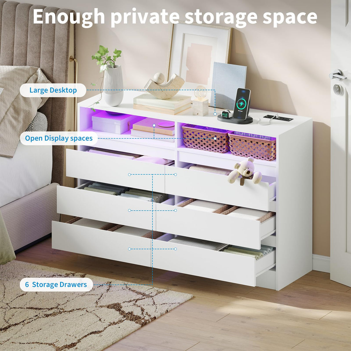 MilleLoom 6 Drawer Dresser with Charging Station and LED Lights, Modern Chest of Drawers with Power Outlet, Organizer Cabinet for Bedroom, Living Room, Entryway, White MilleLoom