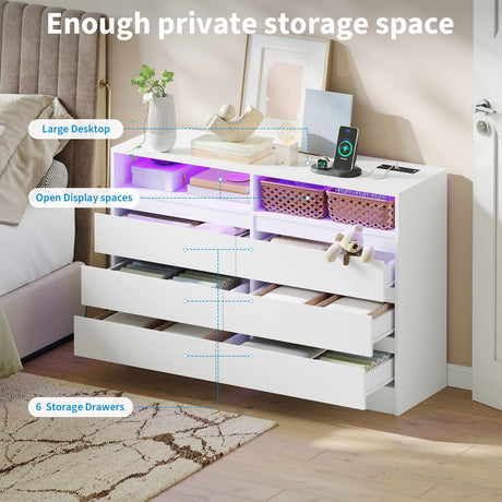 MilleLoom 6 Drawer Dresser with Charging Station and LED Lights, Modern Chest of Drawers with Power Outlet, Organizer Cabinet for Bedroom, Living Room, Entryway, White MilleLoom
