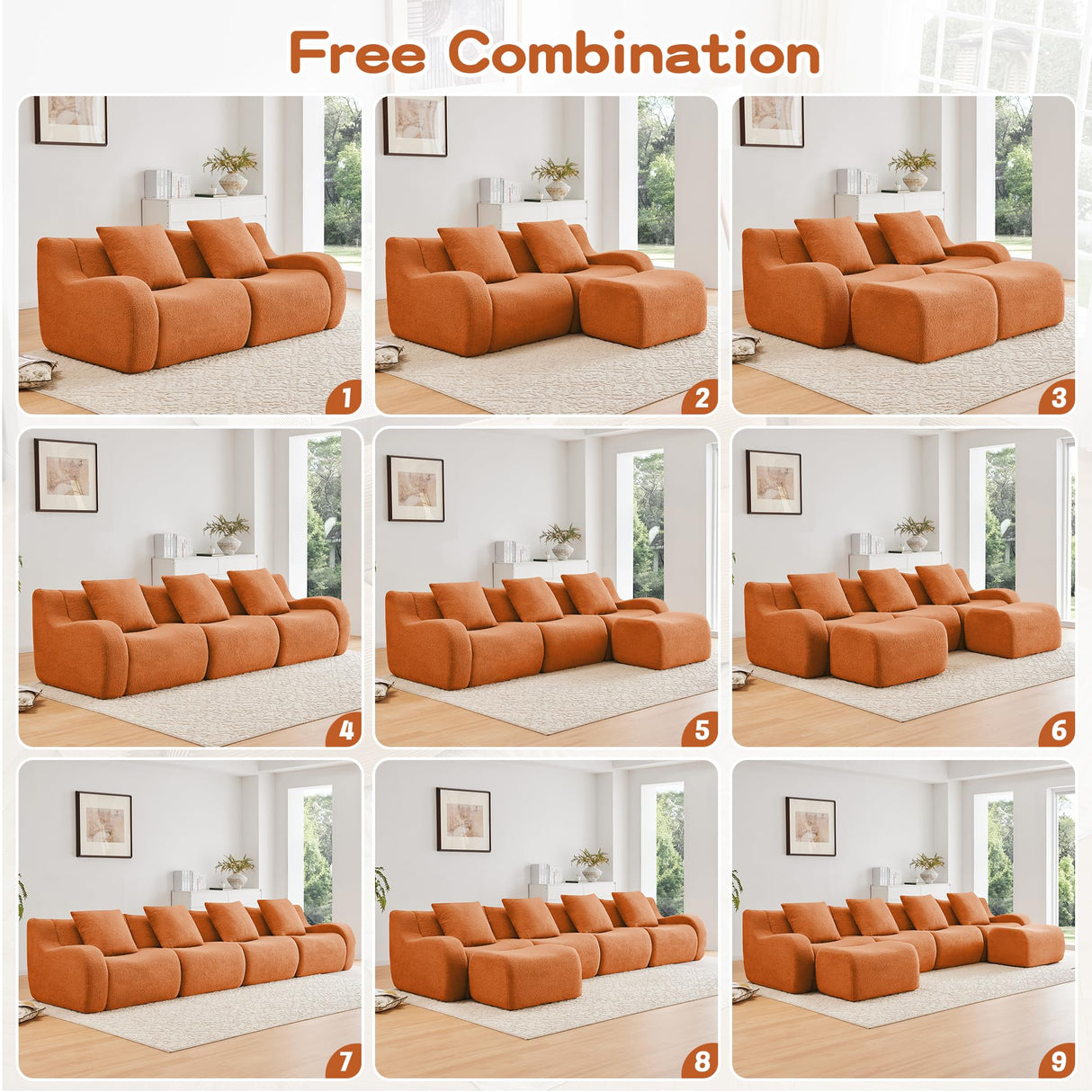 KEIKI 83" L-Shaped Teddy Modular Sectional Loveseat Sofa with 1 Ottoman & High-Density Foam Cushions & Curved Armrest & 2 Pillows, Streamlined Design Boneless 2-Seater Couch, for Living Room, Orange KEIKI