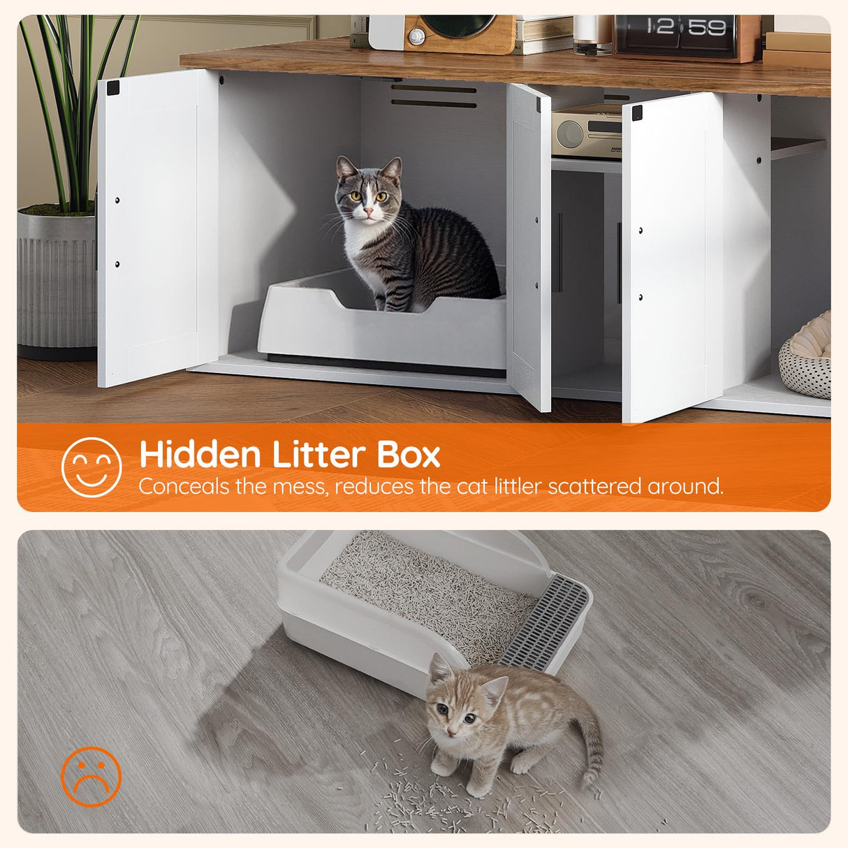 HOOBRO Double Litter Box Enclosure, Hidden Litter Box Enclosure with Corridor, Cat Litter Box Furniture with Storage Layer, Wooden Litter Box Cabinet with Hooks, White and Walnut WH15MW01 HOOBRO