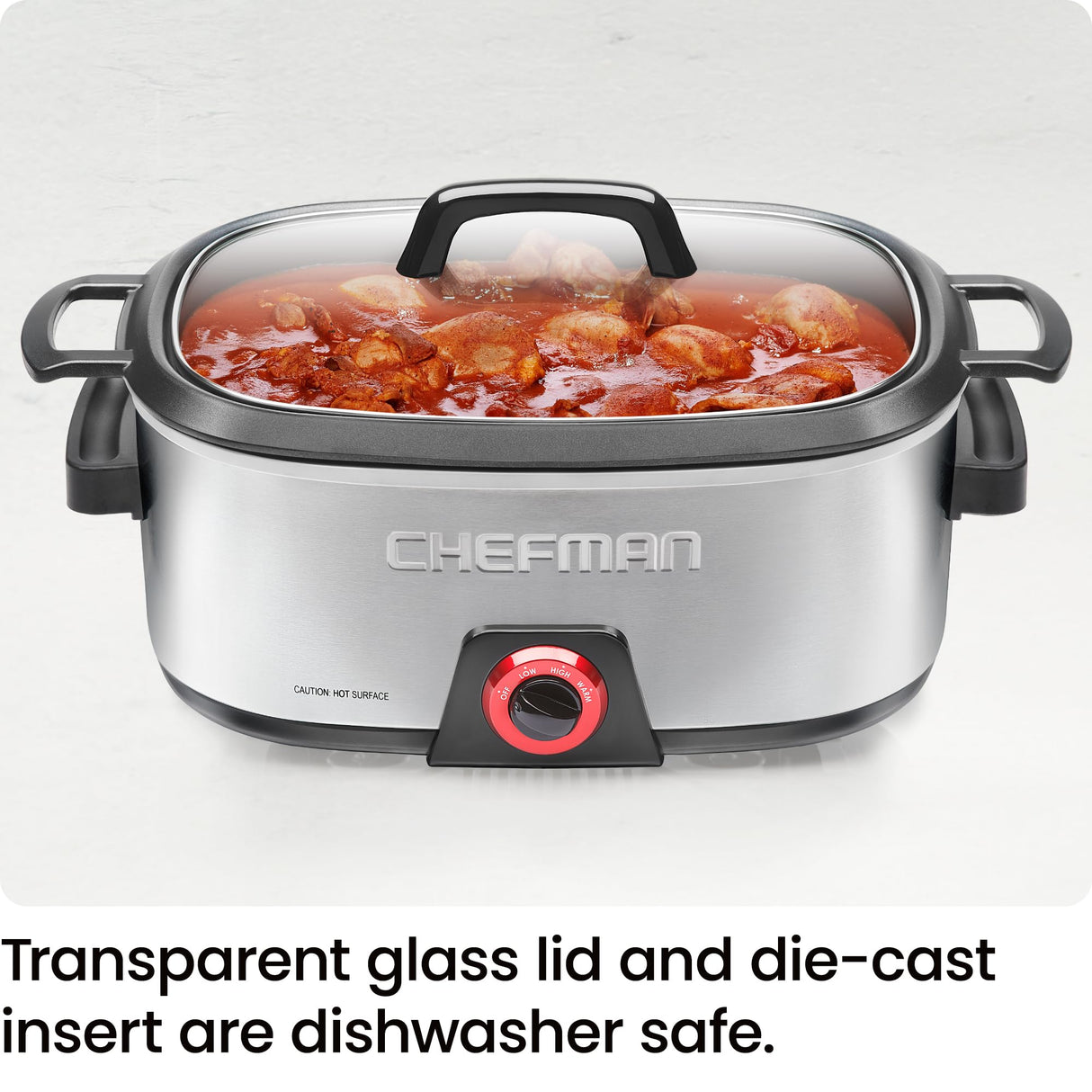 Chefman 6-Quart Slow Cooker, Electric Countertop Cooking, Stovetop & Oven-Safe Removable Insert for Browning & Sautéing, Family-Size Soups & Stews, Nonstick & Dishwasher-Safe Interior,Stainless Steel Chefman