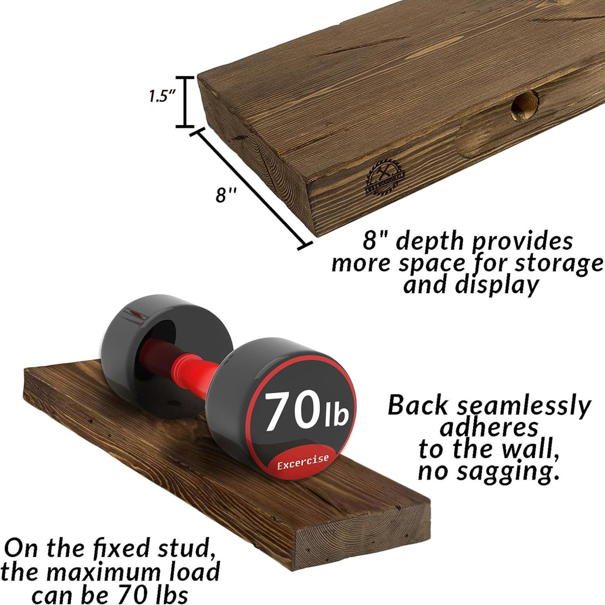 XWNE Wood Floating Shelves,48 inch Rustic Wood Wall Shelves for Bathroom Living Room Bedroom Kitchen Farmhouse Laundry Room Set of 2,Handmade-Thickened Wall Shelf (Distressed Walnut, 48''x8''x1.5'') XWNE