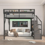 TCMILA Queen Size Loft Bed with Convertible Storage Stairs, LED, USB-Port, Heavy Duty Metal Frame with Open Wardrobe, Kids, Adults, Boys, Bedroom, No Box Spring Needed, Black TCMILA