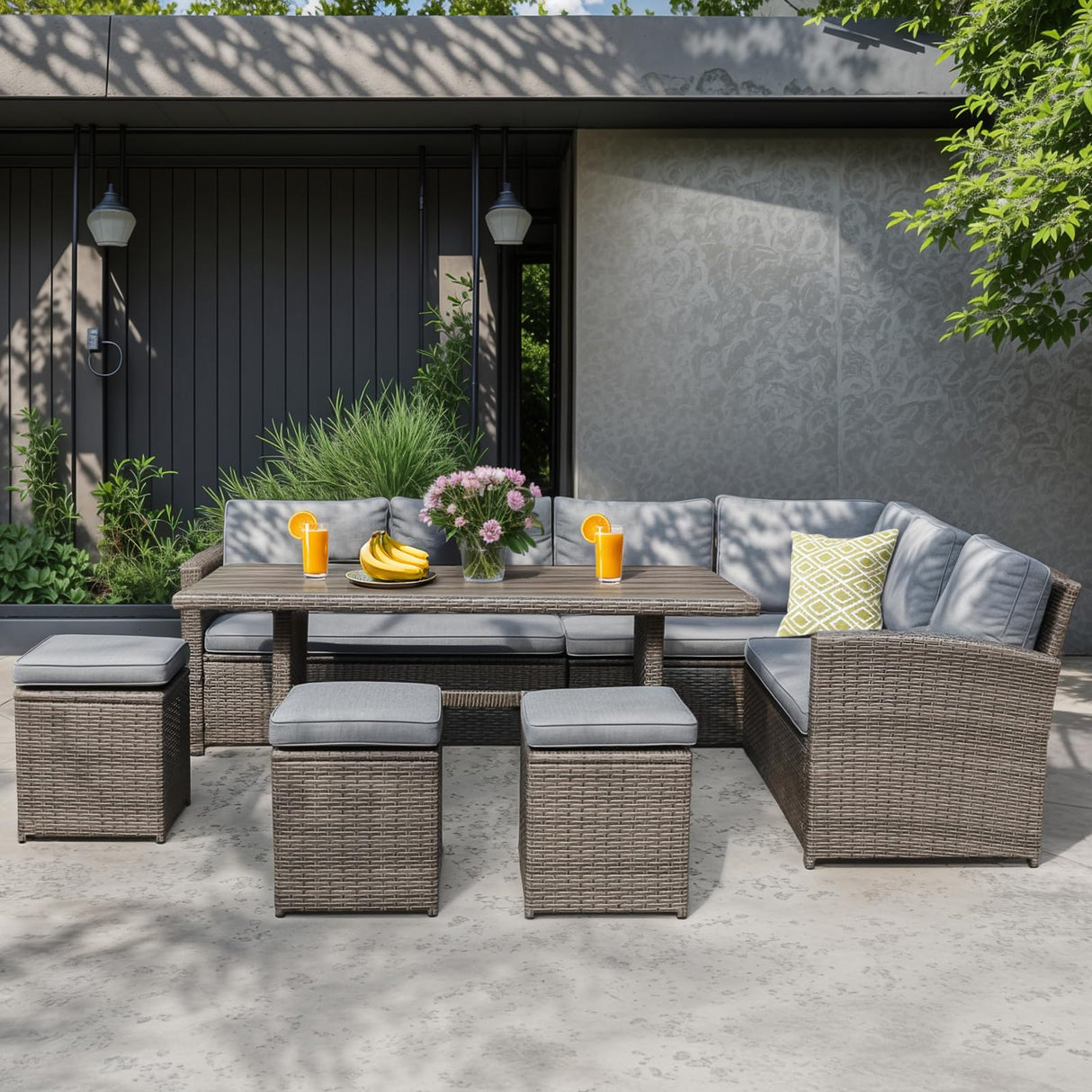 JOIVI Outdoor Patio Furniture Set, 7 Piece Patio Dining Sofa Set, Outdoor Sectional Couch Conversation Set All Weather Wicker Rattan Aluminum Desktop Dining Table & Chair with Ottomans, Gray Cushion JOIVI