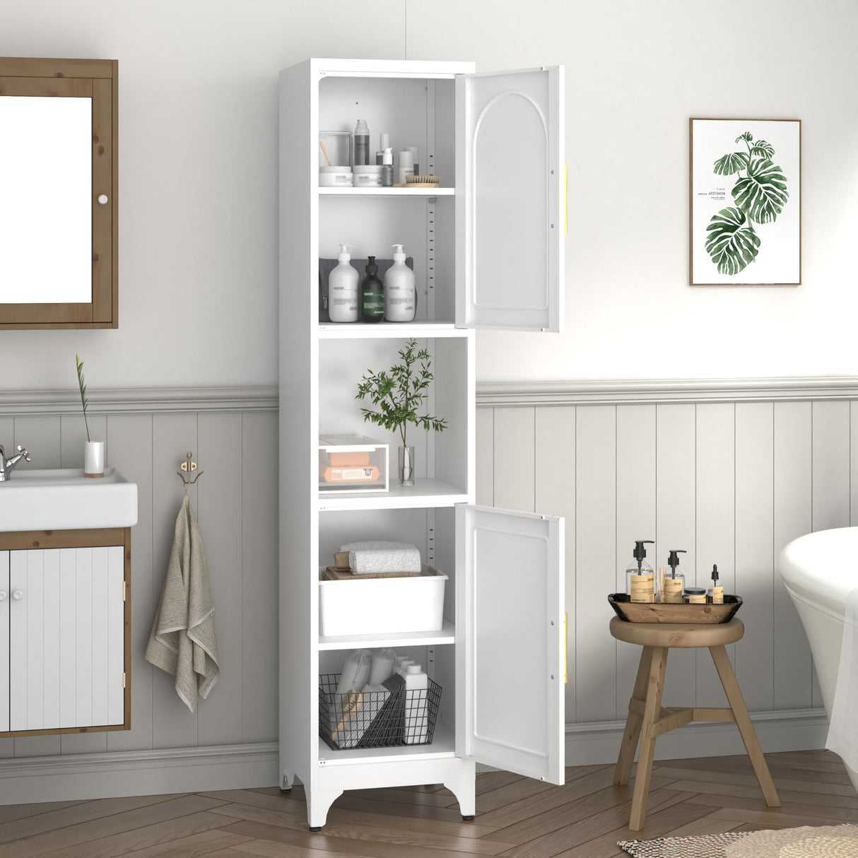 UNICOLY 75" Tall Kitchen Pantry Storage Cabinet, Pantry Cabinet with Doors and Shelves, Microwave Stand, for Laundry, Living Room, Bathroom, Dinning Room, Assembly Required, White UNICOLY