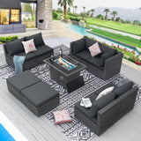 BULEXYARD 9 Pcs Highback Patio Furniture Set with Firepit, High-End Outdoor Sectional Couch with Ottoman 8-Seats, Cozy Comfy Wide Deep Deck Seating Group Conversation, Grey Rattan & Dark Gray Cushion BULEXYARD