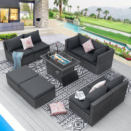 BULEXYARD 9 Pcs Highback Patio Furniture Set with Firepit, High-End Outdoor Sectional Couch with Ottoman 8-Seats, Cozy Comfy Wide Deep Deck Seating Group Conversation, Grey Rattan & Dark Gray Cushion BULEXYARD