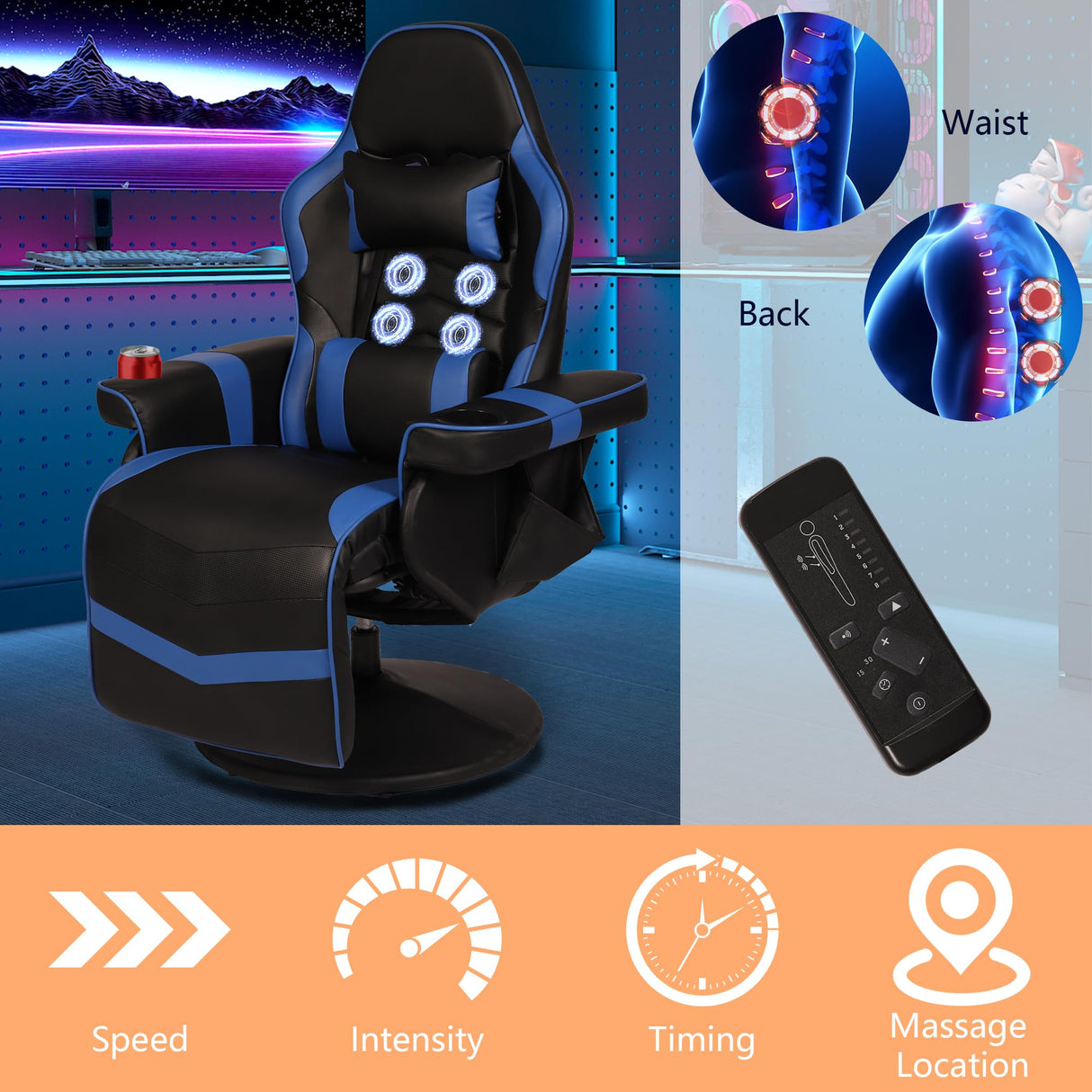 IBXFO Massage Gaming Chair for Adults, Heavy Duty Reclining Office Chair with Footrest, Adjustable Backrest and Cup Holder, Black Blue IBXFO