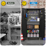 GangMei 71"H Garage Storage Cabinet with Wheels, Drawer, Pegboard and 16 Hooks, Metal Storage Cabinet with Locking Doors and 2 Adjustable Shelves for Garage, Warehouse, Home, Black, Assembly Required GangMei