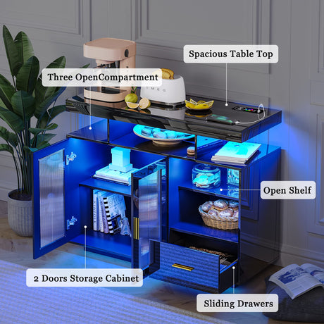 WOOVIVS 39.4" Modern LED Sideboard Buffet Cabinet with Charging Station, High Glossy Cupboard with Motion Sensor Light, Coffee Bar Storage Cabinet with Acrylic Panel for Living Room, Kitchen (Black) WOOVIVS