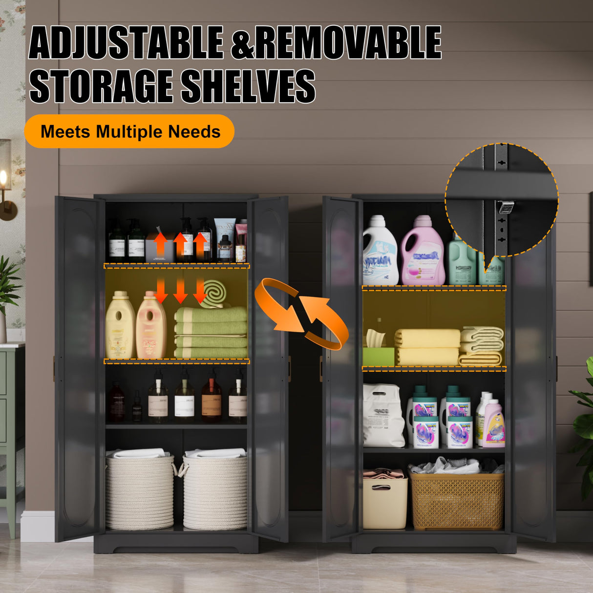 Black Metal Storage Cabinet with with Door, Kitchen Pantry Cabinet with 3 Adjustable Shelves, 60" Tall Storage Cabinets, Steel Large Cupboard for Home Office, Living Room, Dining Room, Kitchen MetalMax