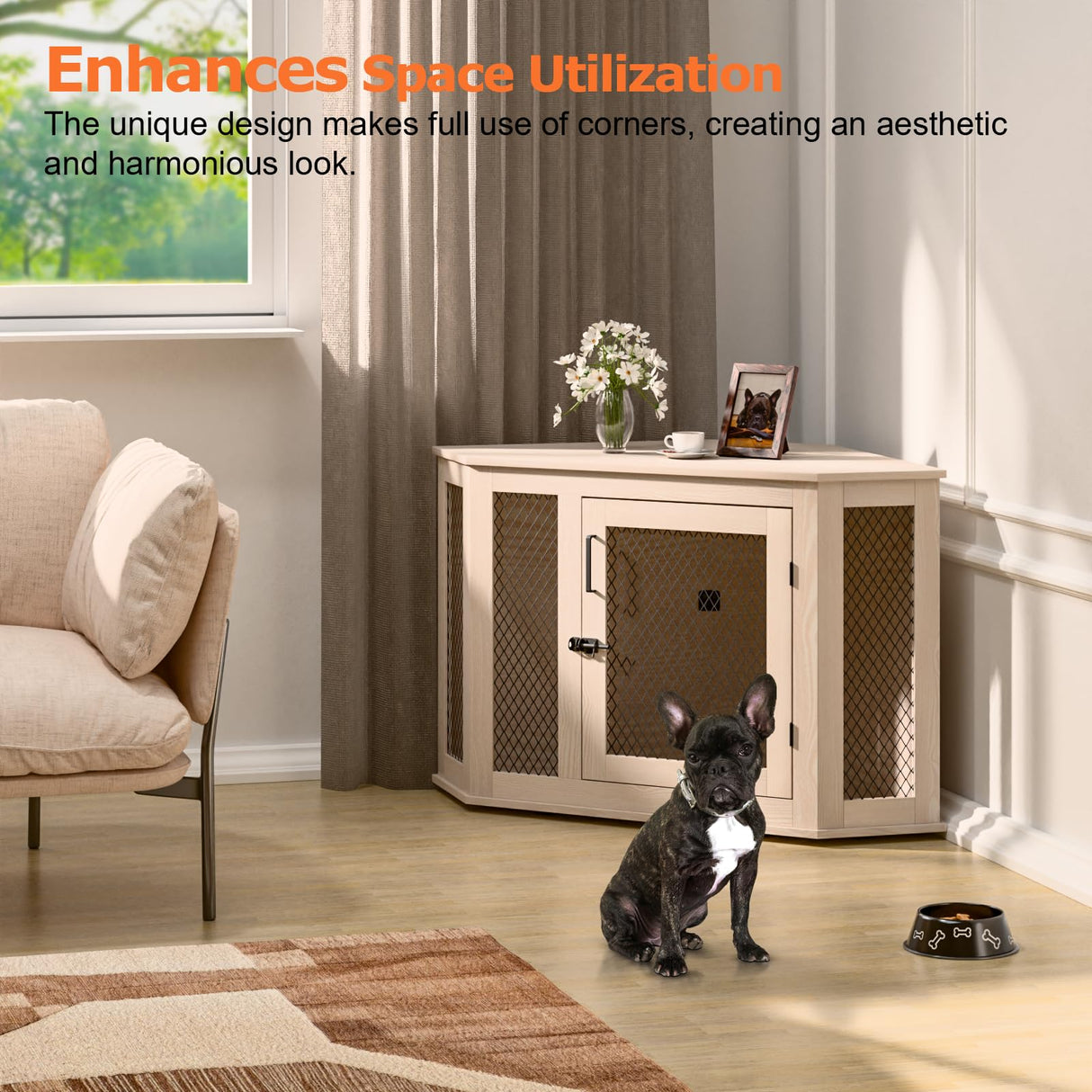 VENDORZ Corner Dog Crate Furniture, 44" Wooden Dog Kennel Furniture End Table with Mesh, Dog Kennel Indoor Furniture for Small Medium Dogs, Modern Decorative Wood Pet House Dog Cage Crate, White VENDORZ