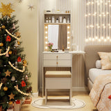 CHARMAID Small Vanity Desk with Mirror and Lights, Makeup Vanity Table with Charging Station, Drawers, Shelves, Foldable Side Table, Compact White Dressing Table with Storage Chair for Small Space CHARMAID