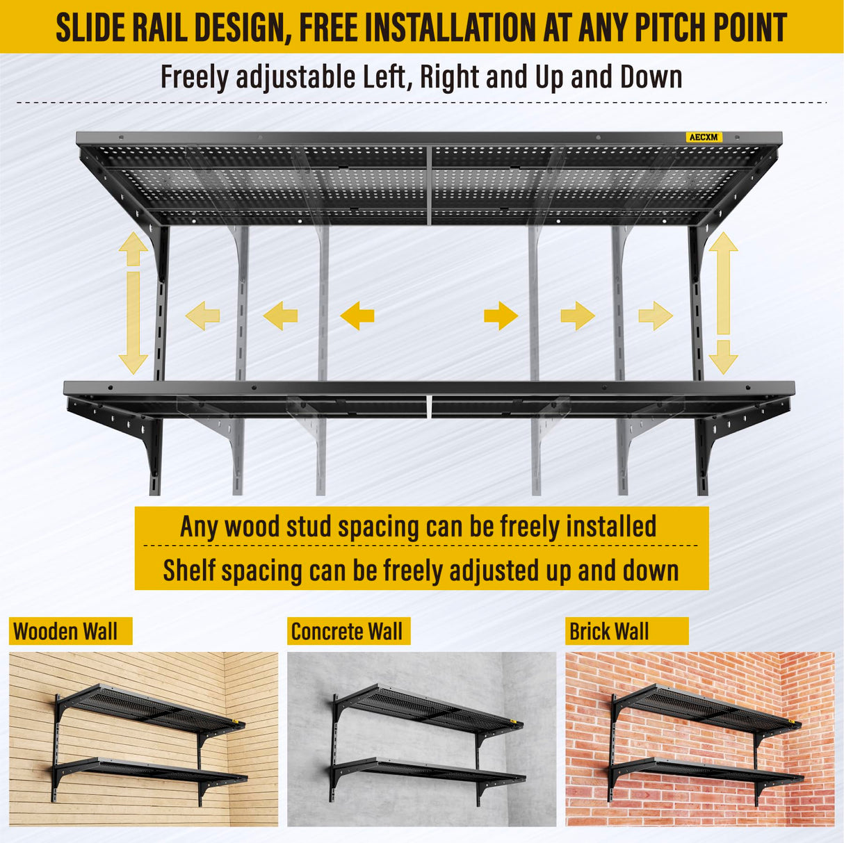 Brukid 2 Tier 1.3x4ft Garage Shelving Wall Mounted, 400 lbs Load Capacity，15.6x48inch per Shelf Height Cassette Adjustable Floating Shelves(Black) Brukid