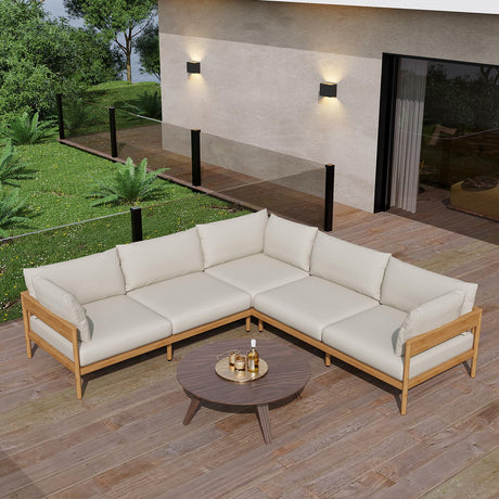 Acanva Modern Outdoor Patio Furniture Set, All-Weather Aluminium Conversation Sectional Sofa with Thick Cushions for Backyard, Garden, Porch, 5 Seats, Beige Acanva