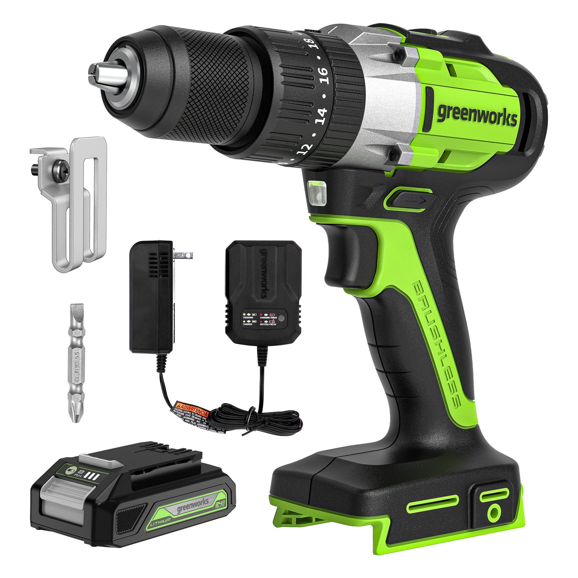 Greenworks 24V Brushless 1/2" Hammer Drill (530 in-lbs.) 2.0Ah Battery and Charger Included, DDG402 - WoodArtSupply