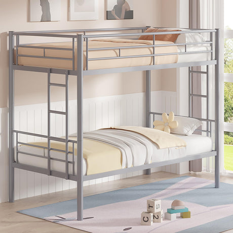 VECELO Bunk Bed Twin Over Twin, Metal Bunkbeds with Ladder and Full-Length Guardrail, No Box Spring Needed, Space Saving, Noise Free, Grey VECELO