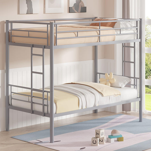 VECELO Bunk Bed Twin Over Twin, Metal Bunkbeds with Ladder and Full-Length Guardrail, No Box Spring Needed, Space Saving, Noise Free, Grey