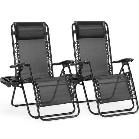 Sweetcrispy Zero Gravity Chairs, Set of 2 Portable Recliner Beach Camping Patio Outdoor Folding Lounge Chair with Cup Holder Trays and Adjustable Pillow for Poolside, Garden, Backyard, Lawn (Black) Sweetcrispy
