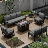 RTDTD Aluminum Patio Furniture Set with Fire Pit Table, 7 Seats Patio Outdoor Conversation Set with Swivel Chair Modern Metal Patio Sectional Sofas with Upgrade Cushions for Patio, Backyard (Grey) RTDTD