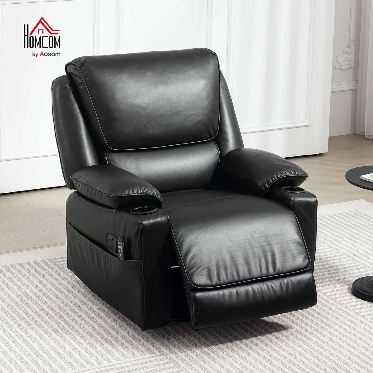 HOMCOM Swivel Rocker Recliner Chair with Vibration Massage and Heat, Oversized PU Leather Ergonomic Lounge Chair with Footrest, Remote, Cup Holders and Side Pockets for Living Room, Black HOMCOM