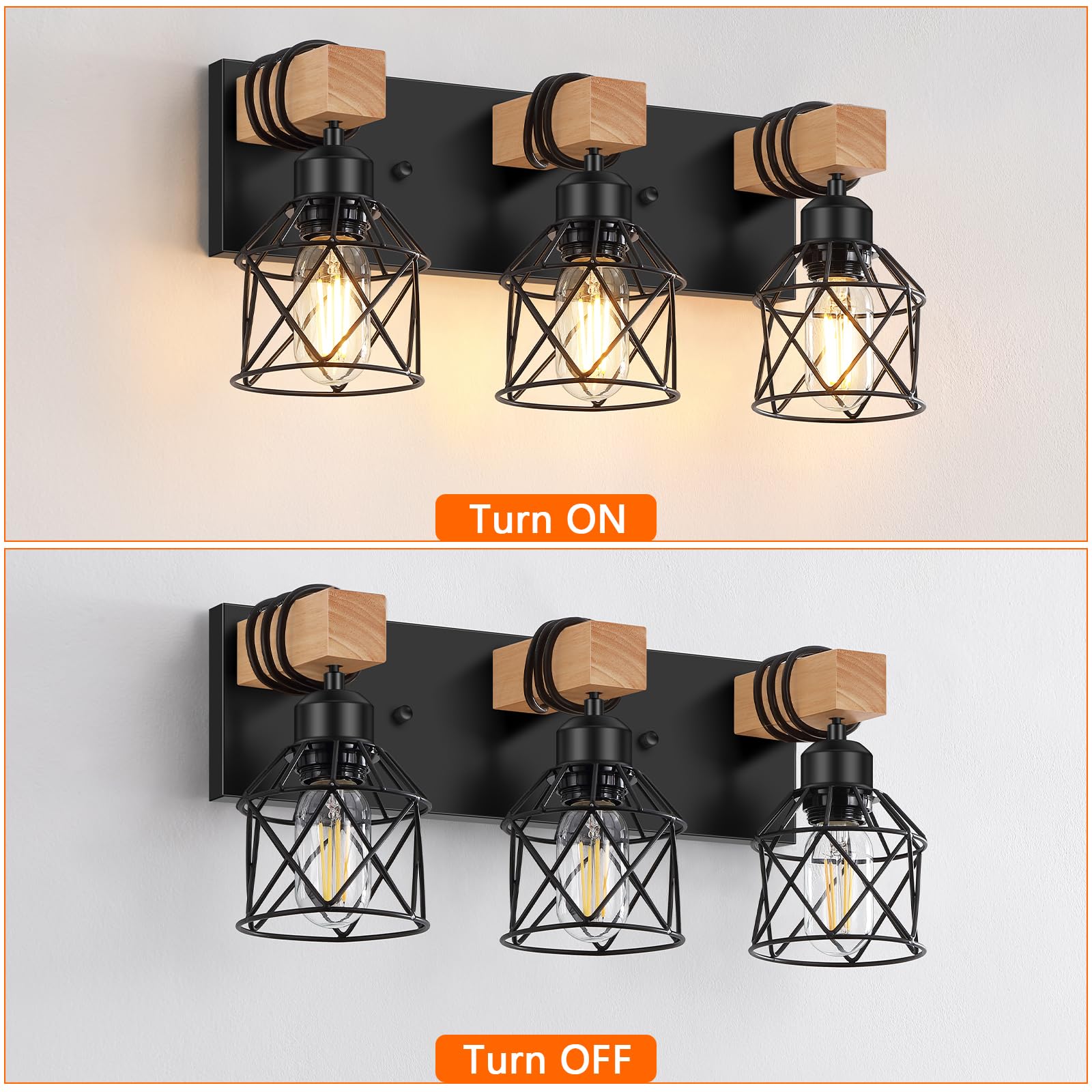 FadimiKoo 3-Light Farmhouse Vanity Light for Bathroom, Wood Bathroom Light Fixtures Over Mirror, Industrial Black Vanity Light with Metal Lampshade for Bedroom Hallway Living Room - WoodArtSupply