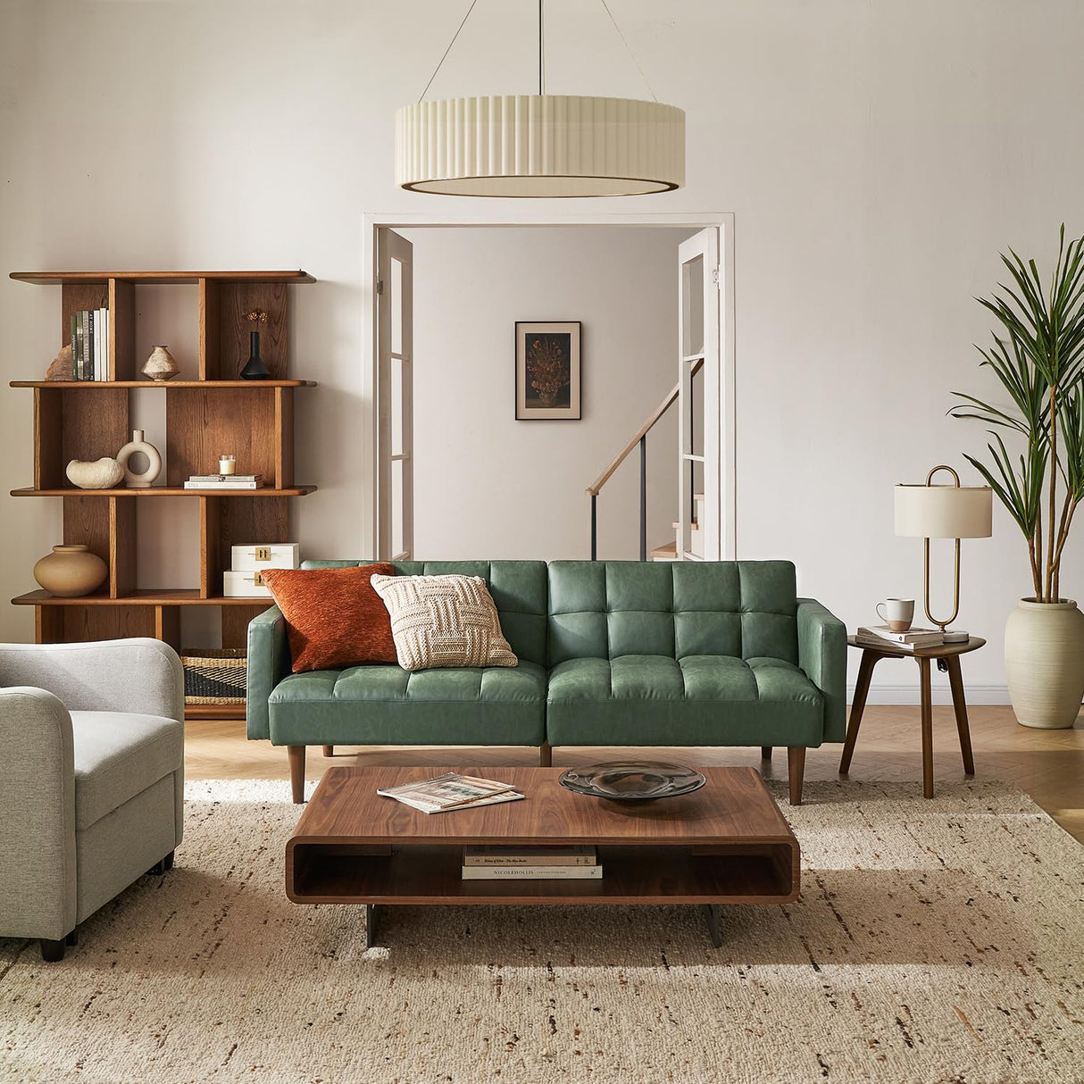 mopio Aaron 76.8" Couch, Small Futon Sofa Bed, Sleeper, Loveseat, Mid Century Modern Futon Couch, Sofa Cama, Couches for Living Room, Bedroom (Sage Green, Faux Leather) mopio