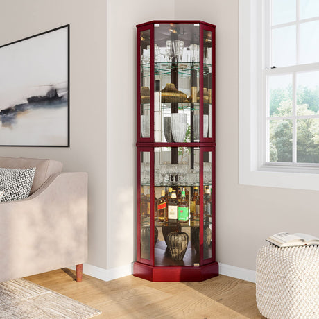 BELLEZE Lighted Corner Display Curio Cabinet Wooden Curved Shelving Unit with Tempered Glass Door, Bar and Liquor Storage Area with 6 Shelves - BELLEZE