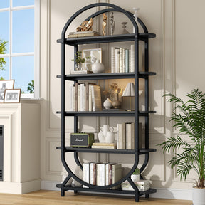 Semoic Tall Bookshelf Arched Bookcase, Modern 5-Tier Book Shelves with Storage Organizer - Industrial Curved Freestanding Open Display Shelving Unit for Living Room, Library, Home Office, Black Semoic