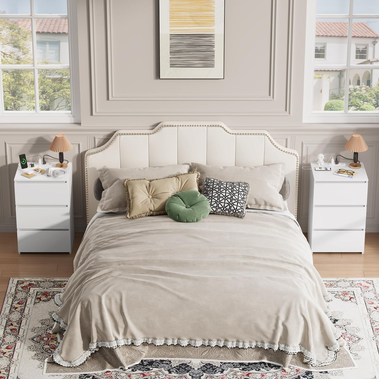 FOTOSOK White Nightstand Set of 2, 26" H White Night Stand with Charging Station, Nightstand Set 2 with USB Ports & Power Outlets, Silent Slides, Wooden End Side Table Bedside Table for Bedroom FOTOSOK