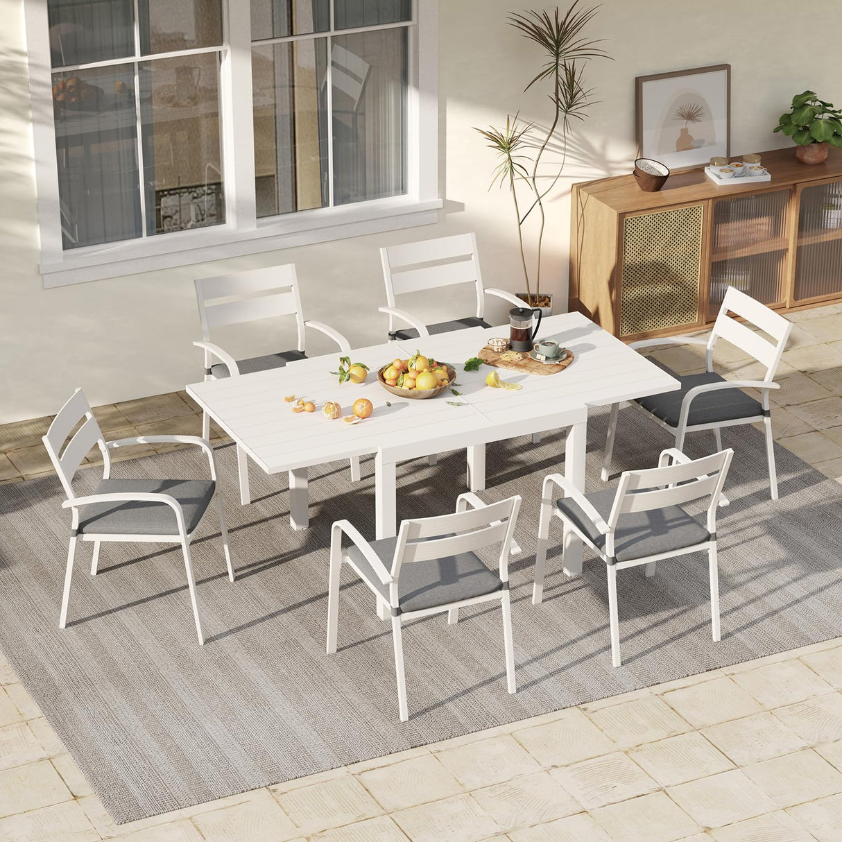 Soleil Jardin 7-Piece Outdoor Patio Dining Set, 35" - 71" Aluminum Expandable Outdoor Dining Table Set for 6, 6 Stackable Chairs with Gray Removable Cushions, White Soleil Jardin