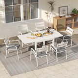 Soleil Jardin 7-Piece Outdoor Patio Dining Set, 35" - 71" Aluminum Expandable Outdoor Dining Table Set for 6, 6 Stackable Chairs with Gray Removable Cushions, White Soleil Jardin