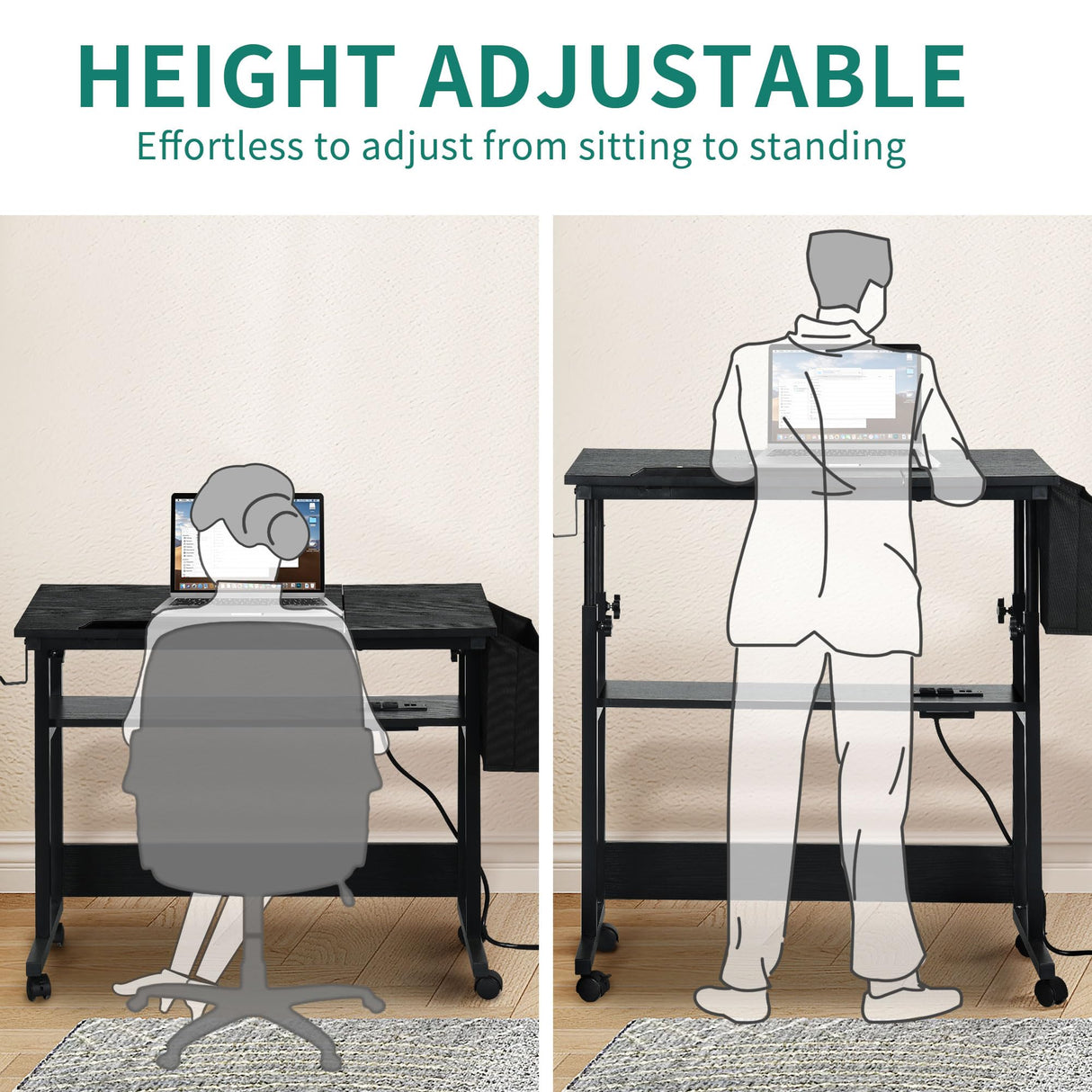 YITAHOME Height Adjustable Table with Charging Station, Portable Desk with Wheels, Small Standing Rolling Computer Desk with Tiltable Tabletop and Storage Bag, Black YITAHOME