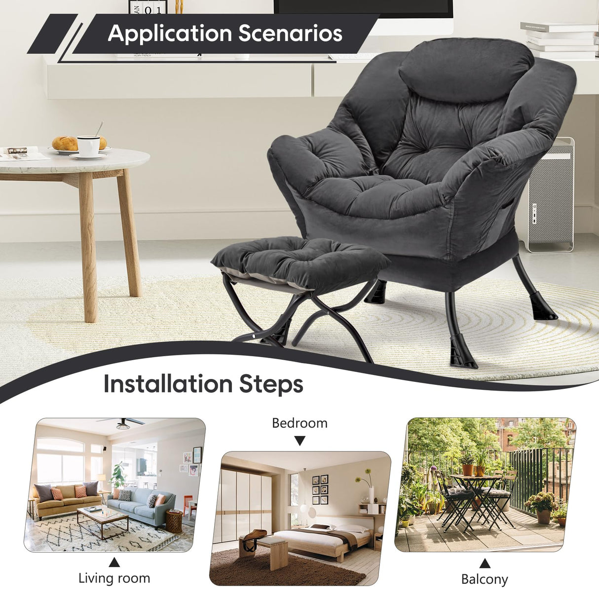 Congermom Lazy Chair with Folding Ottoman Modern Large Accent Chair,Contemporary Lounge Leisure Sofa Chair with Armrests Upholstered Sofa Armchair Reading Chair for Bedroom,Dorm & Office (Dark Grey-f) Congermom