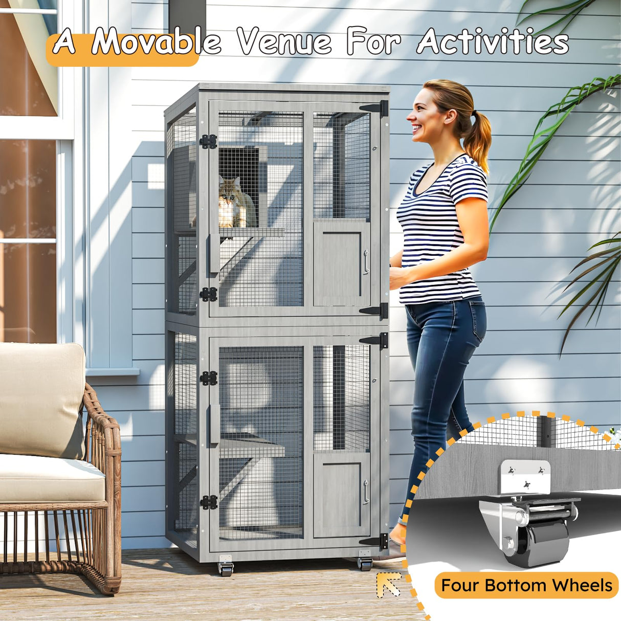 TRYKERPET 4 Tiers Catio Outdoor Cat Enclosure, Outdoor Cats House with 4 Wheels, Cat Enclosure Window Access with Removable Floor, Upgraded Resting Box, Waterproof Roof, Wooden Indoor Pet Cage, Grey TRYKERPET