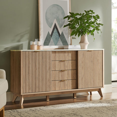 T4TREAM 60" Fluted Dresser with Sliding Doors and 4 Drawers, Modern Chest w/Faux Marble Top, Curved Profile Design, Dresser TV Stand, Wood Drawer Organizer for Bedroom, Living Room, Natural Oak T4TREAM