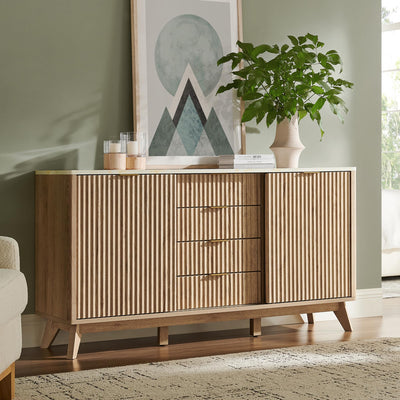 T4TREAM 60" Fluted Dresser with Sliding Doors and 4 Drawers, Modern Chest w/Faux Marble Top, Curved Profile Design, Dresser TV Stand, Wood Drawer Organizer for Bedroom, Living Room, Natural Oak