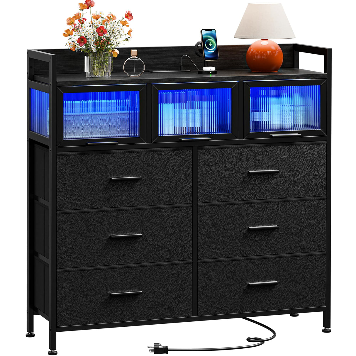 Lulive 9-Drawer Dresser & Chest of Drawers with LED Lights, Power Outlets & Acrylic Window - Modern Storage Organizer for Bedroom, Living Room, Closet (Black) Lulive