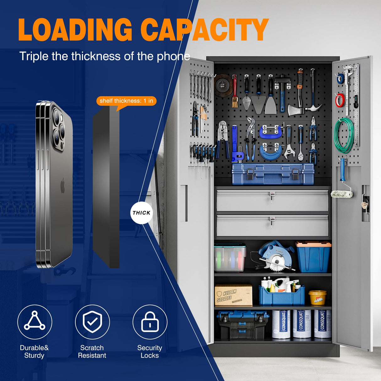 Yizosh Metal Garage Storage Cabinet with Locking Doors and 2 Drawers, Heavy Duty Steel Tool Cabinet with Pegboard, 71" - Lockable Cabinets for Garage, Warehouse, Basement (Black Gray) Yizosh