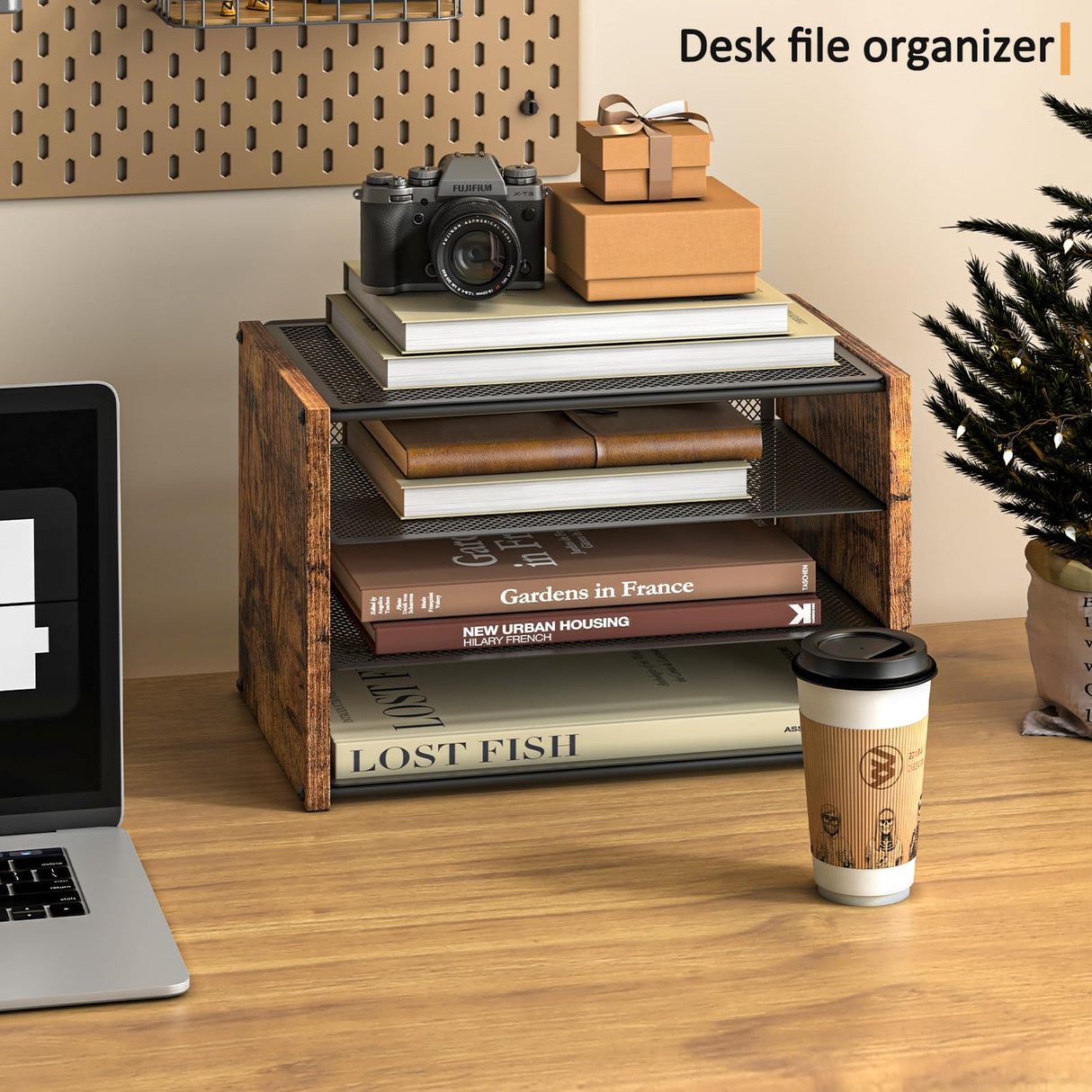 DAOUTIME 3-Tier Paper Organizer Letter Tray, Wooden Desk File Organizer, Stackable Metal Mesh Desk Organizer for A4 Printer Paper Storage. Small Paper Trays for Home Office School, Rustic Brown DAOUTIME