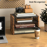 DAOUTIME 3-Tier Paper Organizer Letter Tray, Wooden Desk File Organizer, Stackable Metal Mesh Desk Organizer for A4 Printer Paper Storage. Small Paper Trays for Home Office School, Rustic Brown DAOUTIME