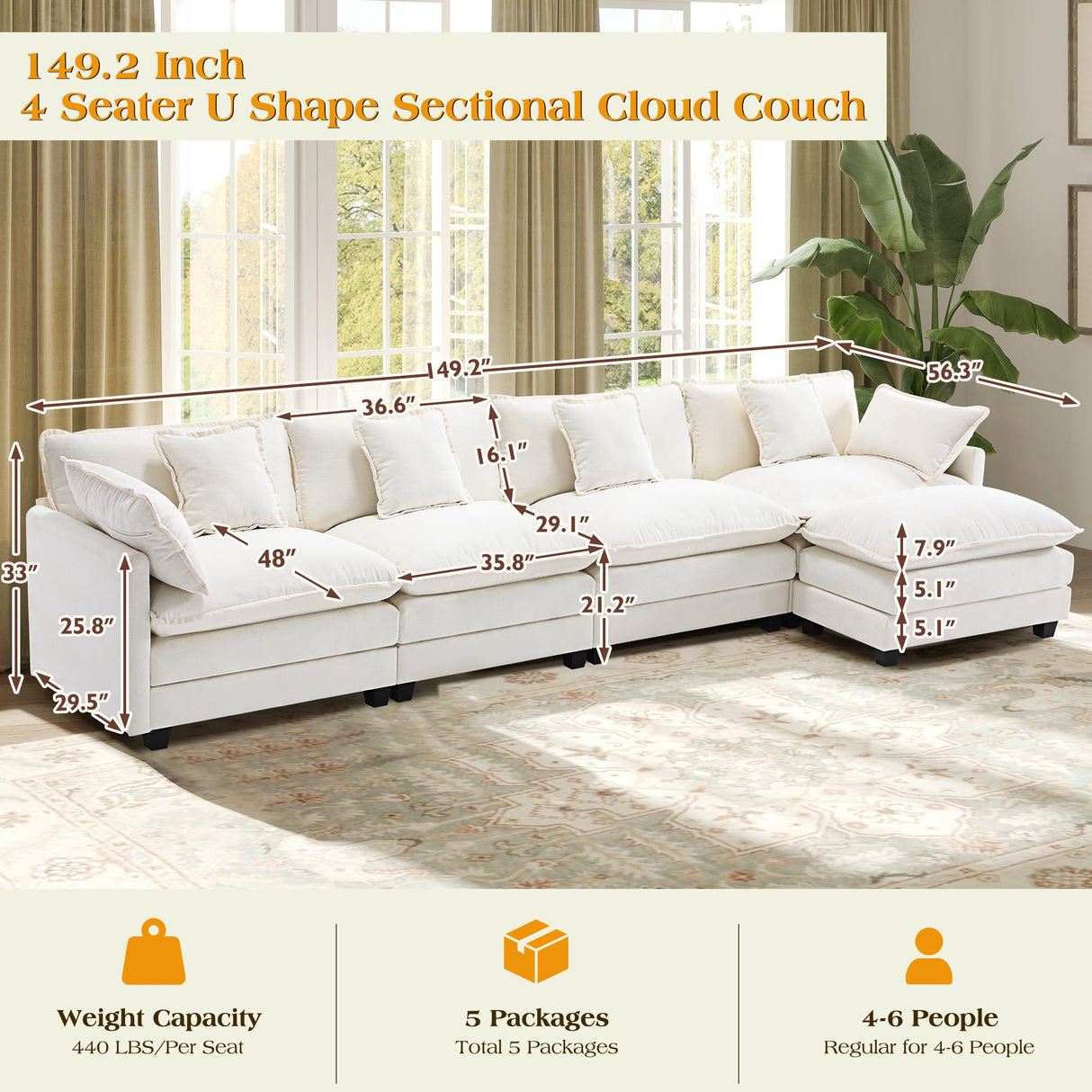 149.2" Modular Sectional Sofa,L Shaped Couch for Living Room,Modern Deep Seat Sofa 4 Seater Chenille Fabric Comfy Cloud Couches with Throw Pillows & Movable Ottoman Hanherry